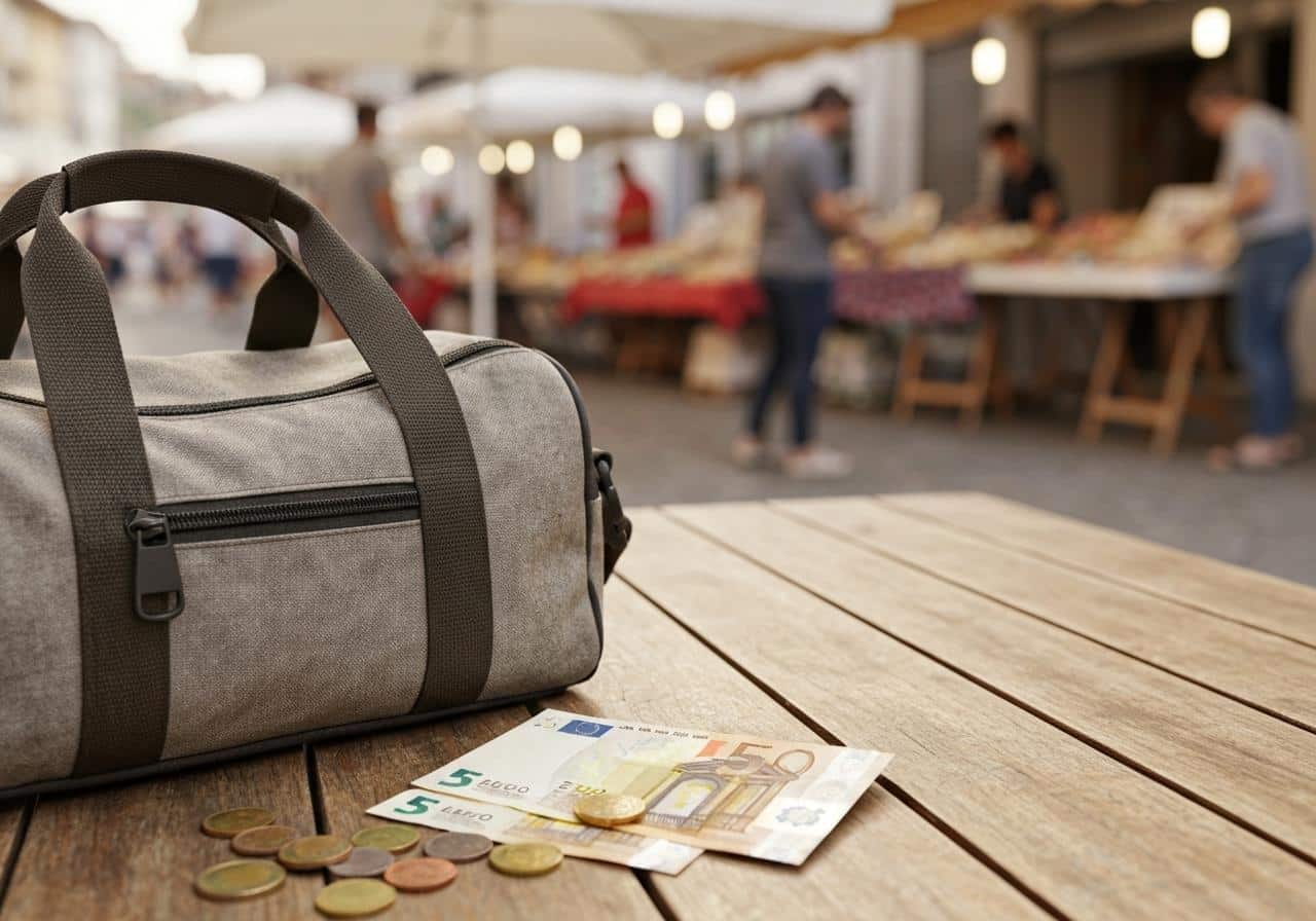 Sac banane posé sur table en bois avec pièces et billets