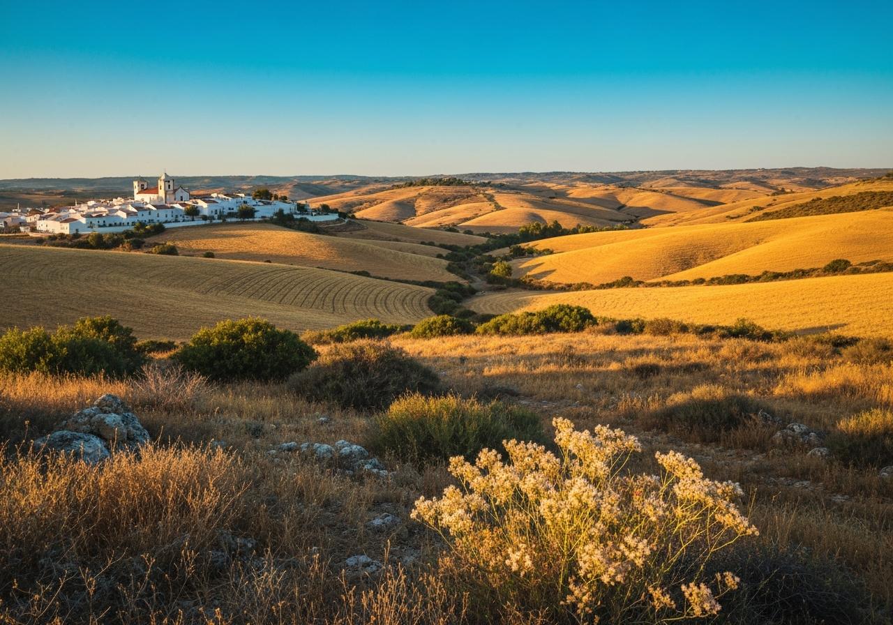 Paysage de l'Alentejo, collines dorées et village blanc