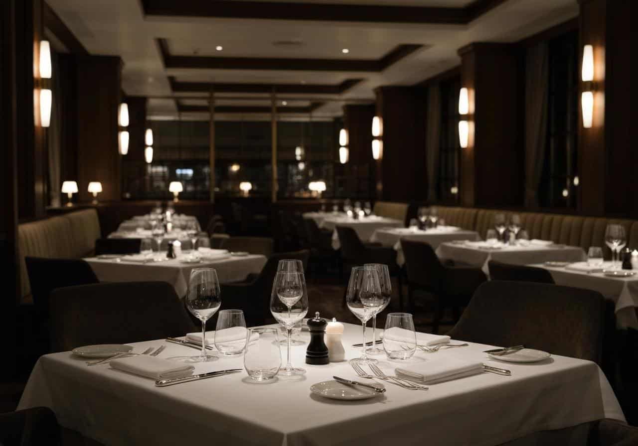 Salle de restaurant gastronomique étoilé vide, mise en place élégante