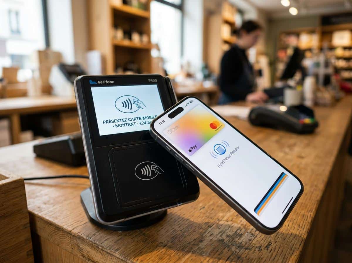 iPhone approché d'un terminal de paiement sans contact